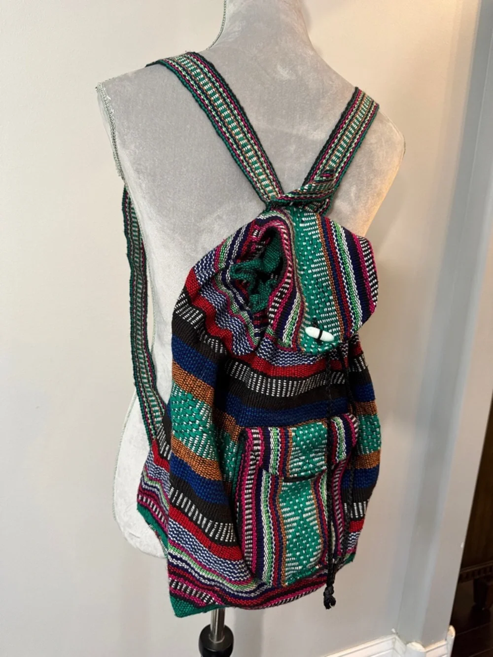 Pinzon Handwoven Green Striped Boho Backpack - Ethnic Pattern